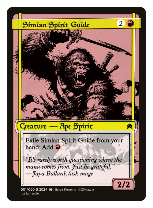 mtg cards like simian spirit guide OOOO OOO AAAAH AAAH! OOO! AHHH!!! (ape speak for: Hey guys I got a sweet new APE card to showcase today and a staple to a few red an explosion of fire on the ground Russian Foil Simian Spirit Guide